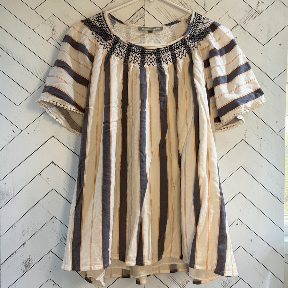 Daniel Rainn Boho Striped Blouse Smocked Neck Pom Trim XL